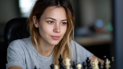 Young woman playing chess online, focused on digital screen 