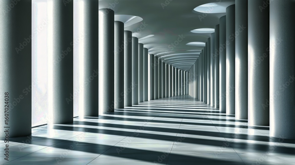Poster columns and light create a striking perspective in modern architecture hallway