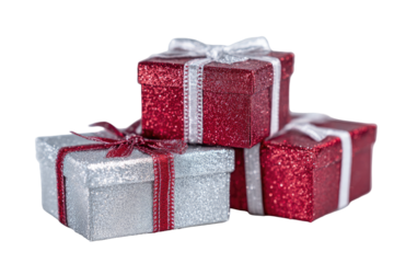 Three gift boxes, silver and red, stacked