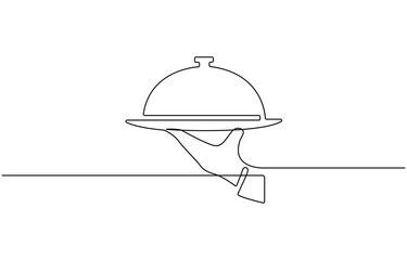 One line continuous waiter with tray closed lid restaurant concept,  Hand Drawn Symbol Vector Illustration, hand continuous line art .