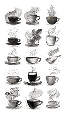 Set of coffee cup icons without background in a thread style.