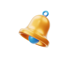 Golden Notification Bell with Blue Accents 3D Rendered Illustration for Alert Reminder or Announcement Purposes on transparent background