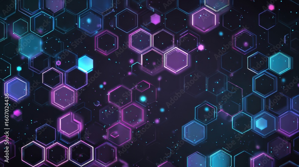 Poster a vibrant, abstract background featuring colorful hexagons and glowing particles in a dark environme