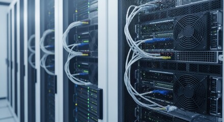 Professional IT infrastructure showcasing connected network servers and cooling systems.