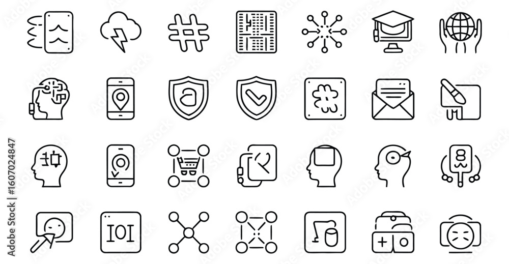Fototapete vector art of a comprehensive set of technology icons on a plain white backdrop represents the digit