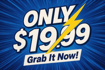 Promotional graphic featuring bold text highlighting a $19.99 price offer with a lightning bolt accent on a dynamic blue background, conveying urgency for purchase.