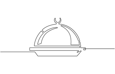 One line continuous waiter with tray closed lid restaurant concept,  Hand Drawn Symbol Vector Illustration, hand continuous line art .