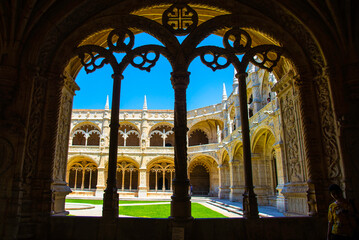 Lisbon, Portugal - July 6 2025: The stunning beautiful cloister of Jerónimos Monastery in Lisbon...