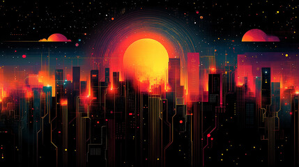 Cyberpunk city skyline at sunset with glowing digital lines