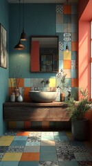 Colorful bathroom with mid-century modern tiles and natural light, colorful bathroom design, colorful