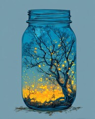 Magical glowing tree and fireflies inside fantasy jar, fantasy jar fireflies, fantasy jar glowing light