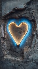 Neon heart and love signs in cozy rustic style, neon love home, neon heart wall decor Neon heart art on cracked concrete wall.