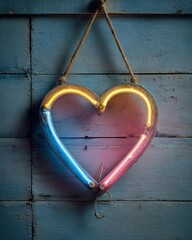 Neon heart and love signs in cozy rustic style, neon love home, neon heart wall decor Neon heart sign glowing on a wooden background.