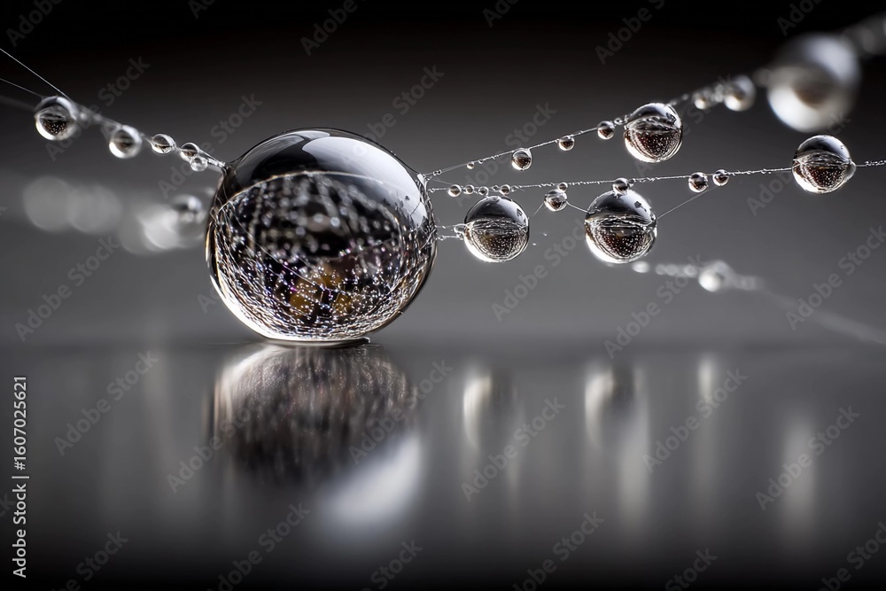 Poster close-up of a droplet cluster with reflections on a dark surface showcasing intricate details