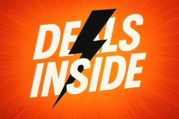 Bold text reading "DEALS INSIDE" with a striking lightning bolt design on a vibrant orange background, conveying excitement and urgency for promotions or sales.