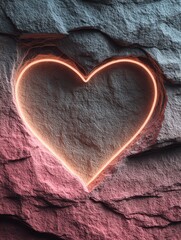 Neon heart and love signs in cozy rustic style, neon love home, neon heart wall decor Glowing heart shape carved in stone texture.