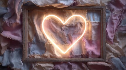 Neon heart and love signs in cozy rustic style, neon love home, neon heart wall decor Glowing heart framed with soft fabric.