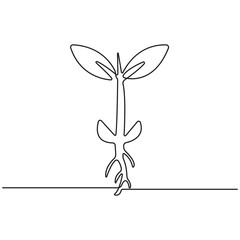 Minimalist continuous line drawing of young plant sprout with roots, seedling growth concept, eco-friendly nature illustration, black and white vector art.