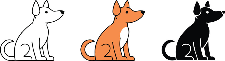 three styles of dog vector artwork: outline, full-color and silhouette for logos, icons, stickers and posters
