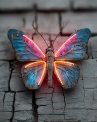 Neon heart and love signs in cozy rustic style, neon love home, neon heart wall decor A vibrant butterfly adorned with neon lights.