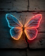Neon heart and love signs in cozy rustic style, neon love home, neon heart wall decor Colorful neon butterfly on rustic wooden background.