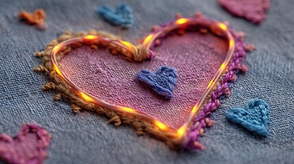 Neon heart and love signs in cozy rustic style, neon love home, neon heart wall decor Colorful embroidery with a glowing heart design.