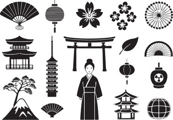 Naklejka premium Japanese Traditional Icons in Silhouette on White Background Premium Vector Set