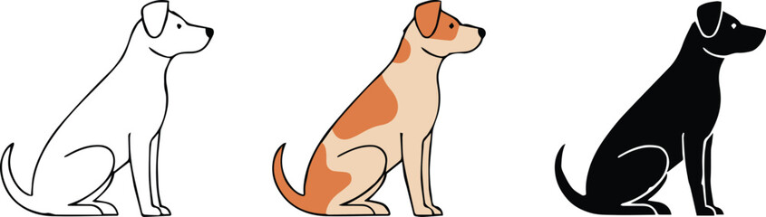 versatile dog illustration vectors with outline, colored and silhouette options in jpeg, png, ai and eps formats