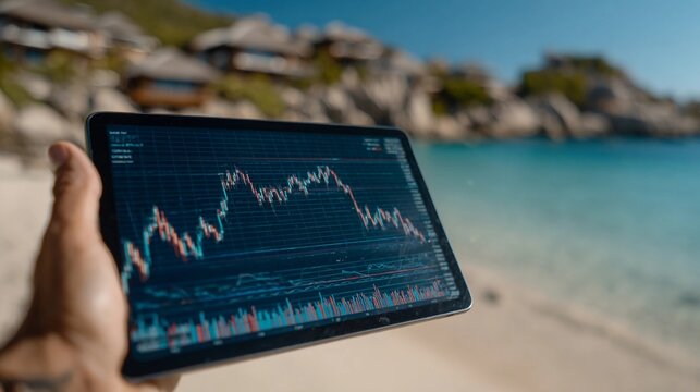 Analyzing financial data on a tablet while relaxing by a beach in a sunny location - Powered by Adobe