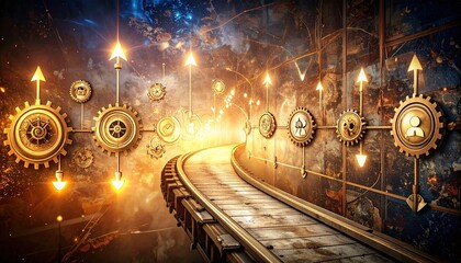 A curved timeline path showing stylized icons for onboarding, training, evaluation, and promotion stages, over an abstract background with glowing arrows."