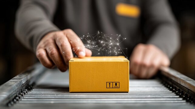 Package being processed on conveyor belt with digital elements in warehouse setting - Powered by Adobe