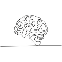 Minimalist continuous line drawing of a human brain, symbolizing intelligence, creativity, mental health, neuroscience, thinking, innovation, and cognitive science for modern concepts.