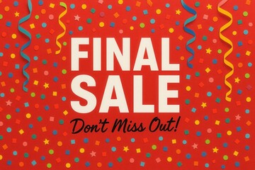 Bright red background featuring bold white text "FINAL SALE" with colorful confetti and curly ribbons, conveying excitement and urgency for a retail promotion.