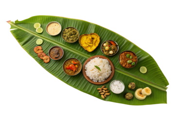 Traditional South Indian Feast Served on a Fresh Green Banana Leaf Isolated on White Background for Festivals and Celebrations