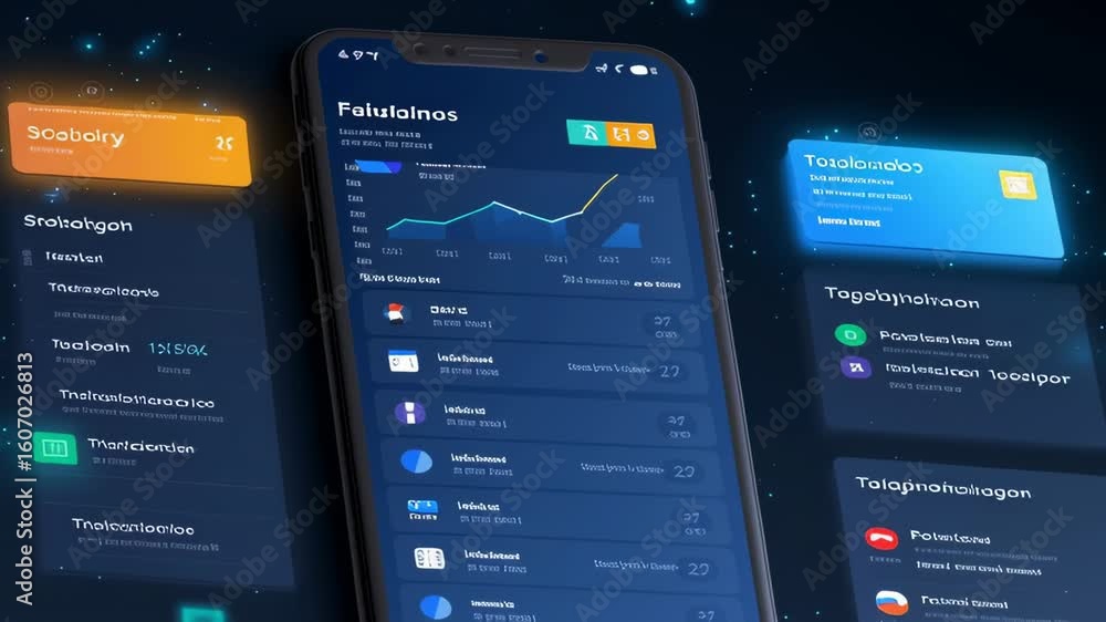 Poster fintech mobile app showcasing isometric design with interactive financial dashboard and analytics in