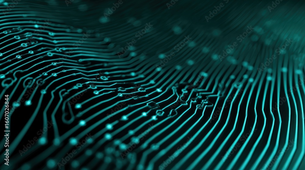 Poster abstract close-up of digital circuit lines glowing in teal, representing modern technology and innov