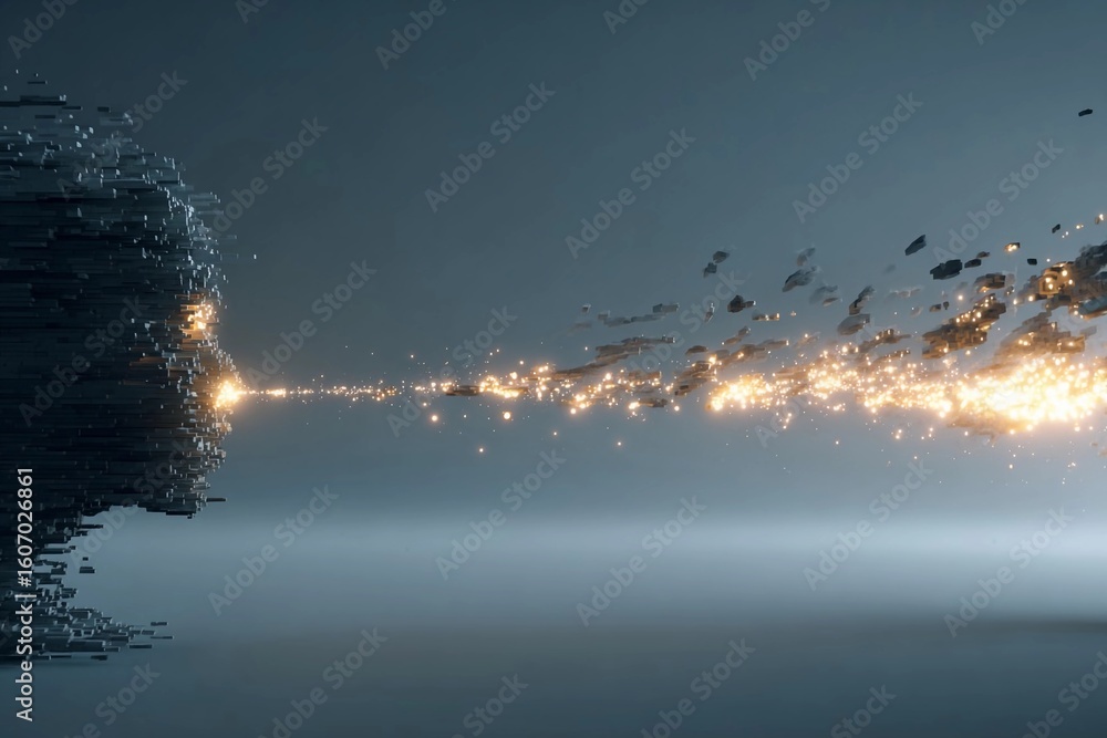Poster digital art depicting a fragmented face transforming into particles with light elements