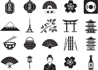 Naklejka premium Japanese Traditional Icons in Silhouette on White Background Premium Vector Set