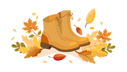 Autumn boots fashion illustration with fall leaves vector graphic for seasonal promotions design