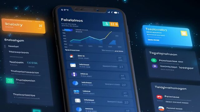 Fintech mobile app showcasing isometric design with interactive financial dashboard and analytics in dark theme