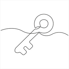 Minimalist continuous line drawing of a key, symbolizing security, access, home ownership, real estate, safety, unlocking opportunities, and modern business solutions.