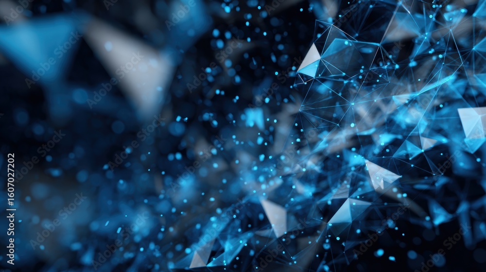 Poster abstract digital background with blue geometric shapes and particles creating a dynamic, futuristic 