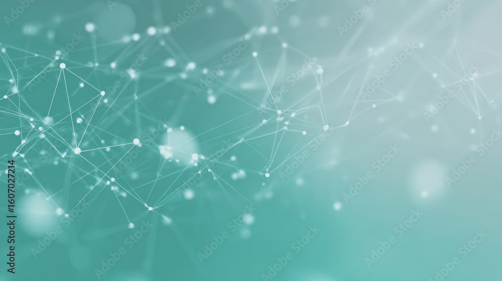 Poster abstract digital background with connected dots and lines in teal, representing technology and commu