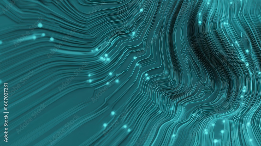 Poster abstract digital background with flowing lines and glowing elements in teal tones, showcasing modern