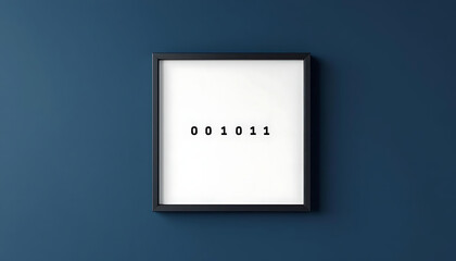 Black framed minimalist artwork with binary code 001011 on white background against a deep blue wall