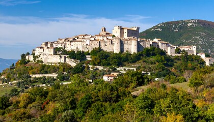 Fototapeta premium Picturesque hilltop town nestled in autumn foliage
