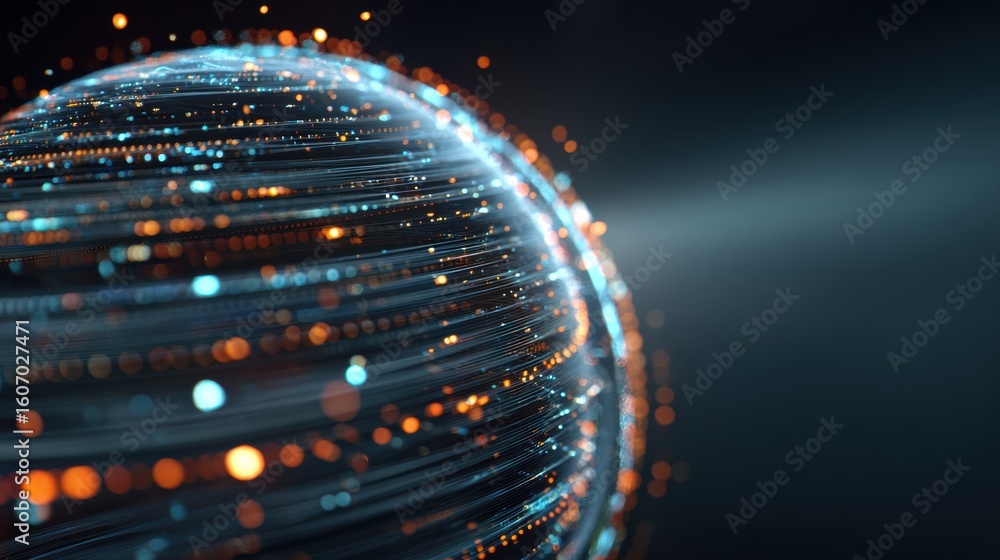 Poster abstract digital sphere with glowing lines representing connections in a futuristic space.