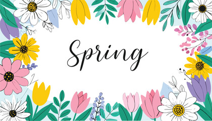 spring flowers frame - Handwritten Spring Text Surrounded by Colourful Blooming Flowers in Flat Vector Style