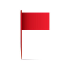 Red toothpick flag. Colorful paper banner on wooden stick with shadow. Pennant for food, cocktail decoration or for location mark, map pointer. Vector illustration