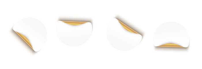 Round blank stickers with gold corner peels. Realistic adhesive stickers tag with curled golden edges. Premium price tags for advertising, sale, promo, marketing. Vector